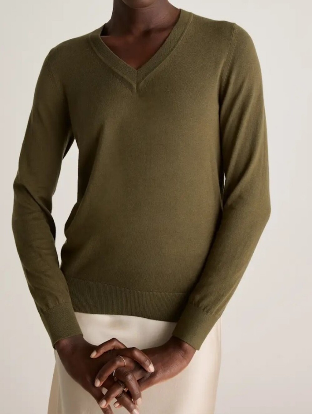 Quince Lightweight Cotton Cashmere V-Neck Sweater Olive Green XS NWOT